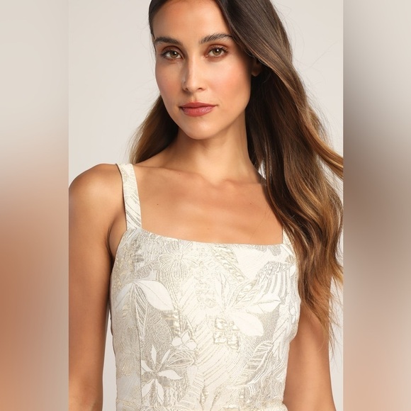 LULU’S Shine For Us Cream Metallic Tropical Jacquard Mini Dress - Picture 6 of 6